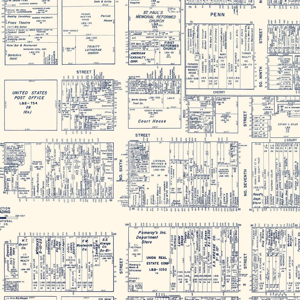 Vintage Map of Reading, PA Business Section 1950