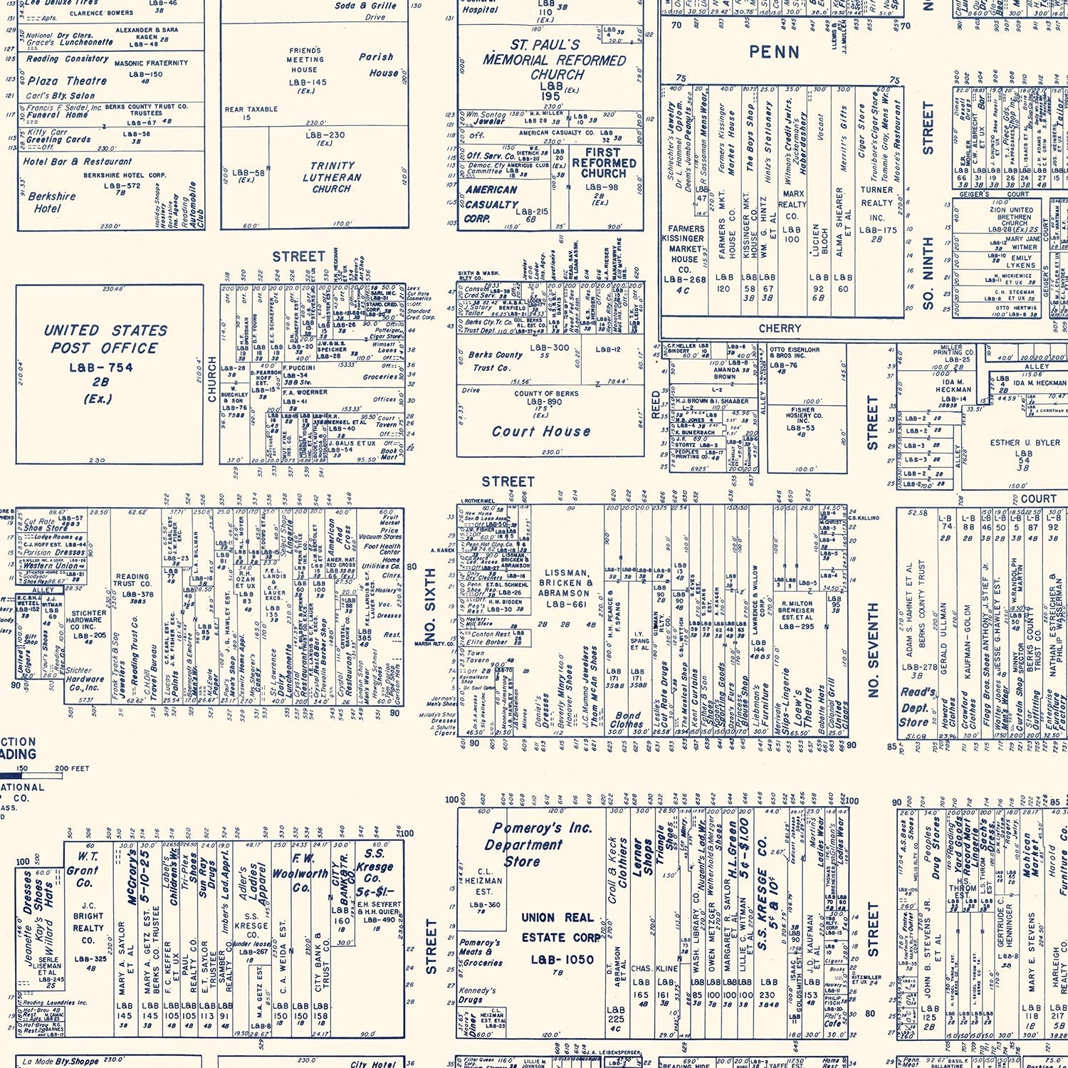 Vintage Map of Reading, PA Business Section 1950