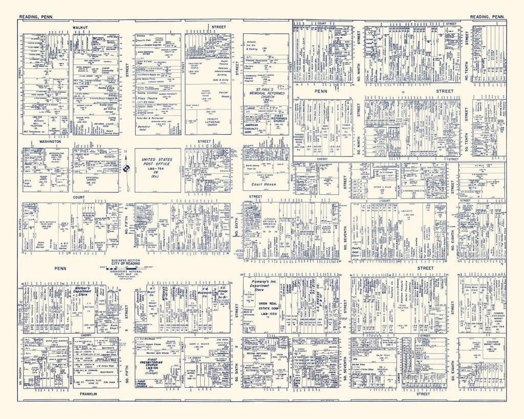 Vintage Map of Reading, PA Business Section 1950