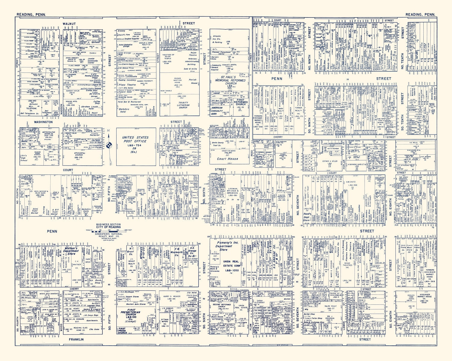 Vintage Map of Reading, PA Business Section 1950
