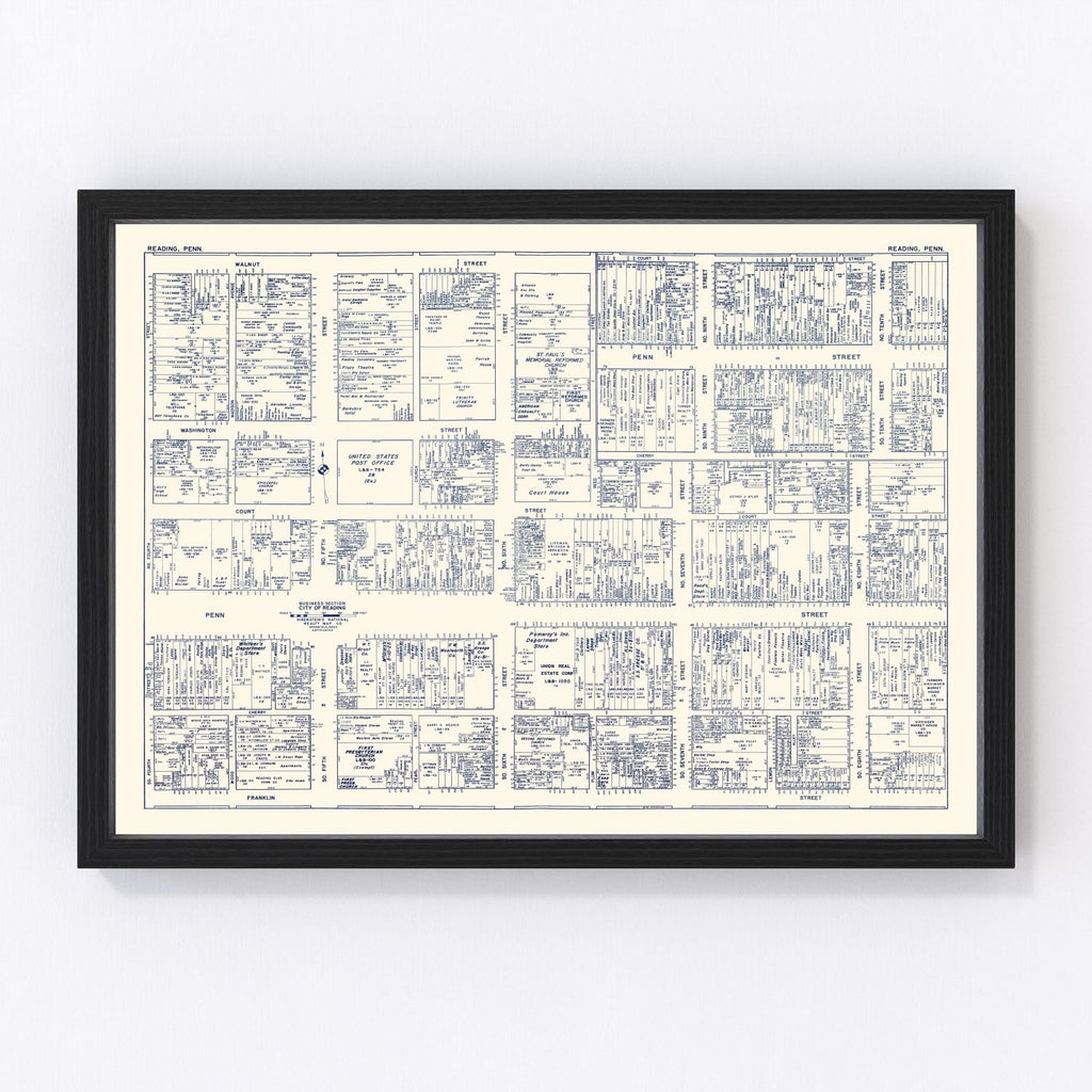 Vintage Map of Reading, PA Business Section 1950