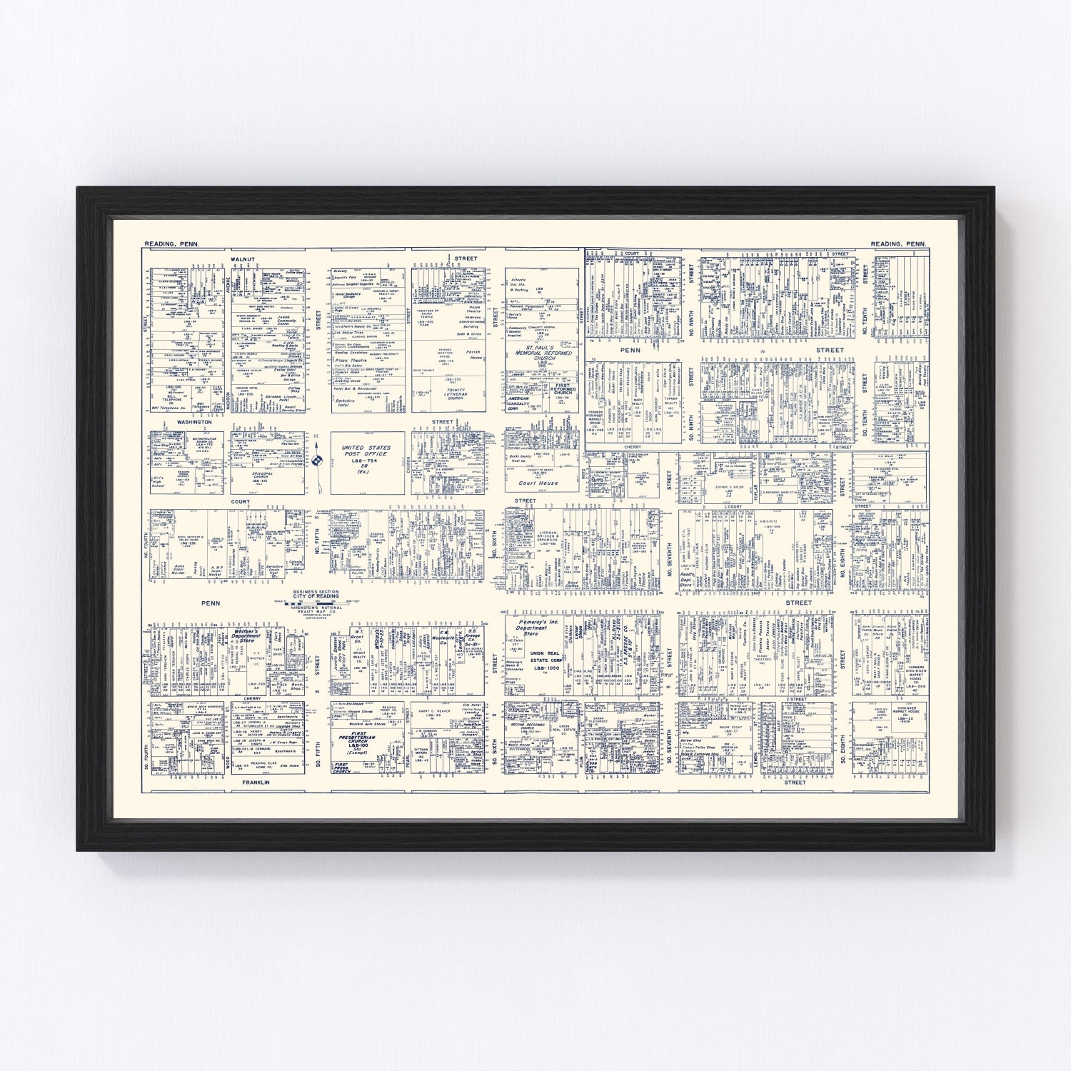 Vintage Map of Reading, PA Business Section 1950