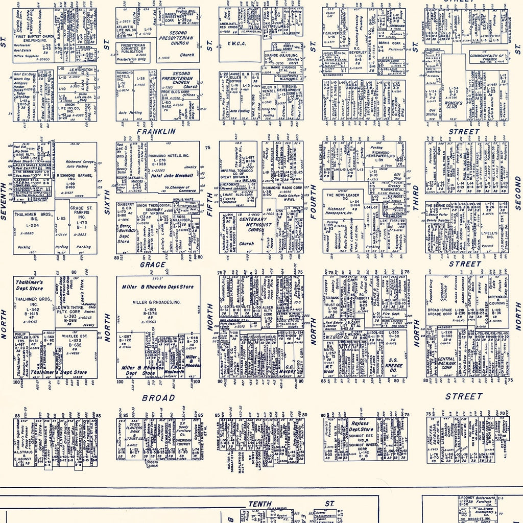 Vintage Map of Richmond, VA Business Section 1950