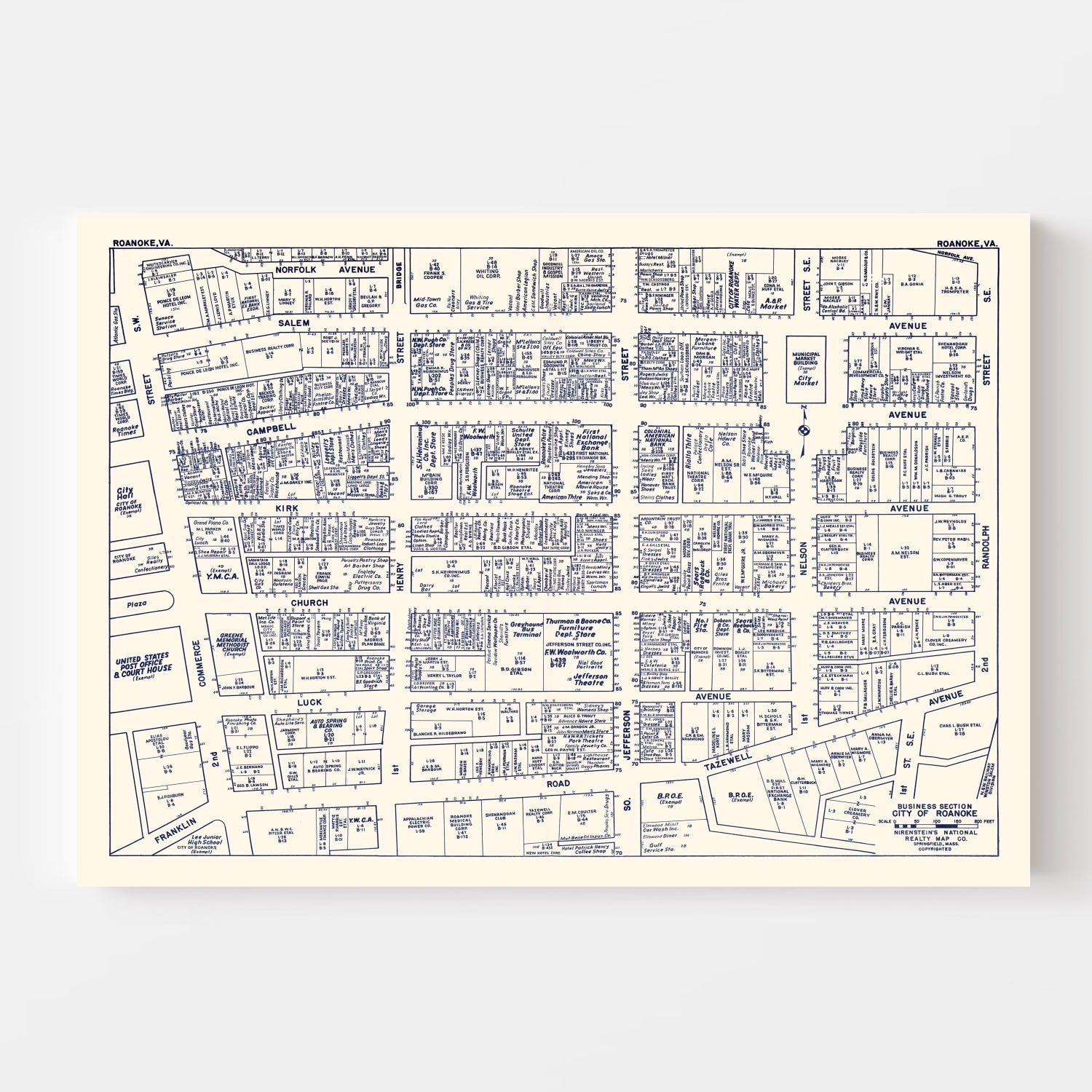 Vintage Map of Roanoke, VA Business Section 1950