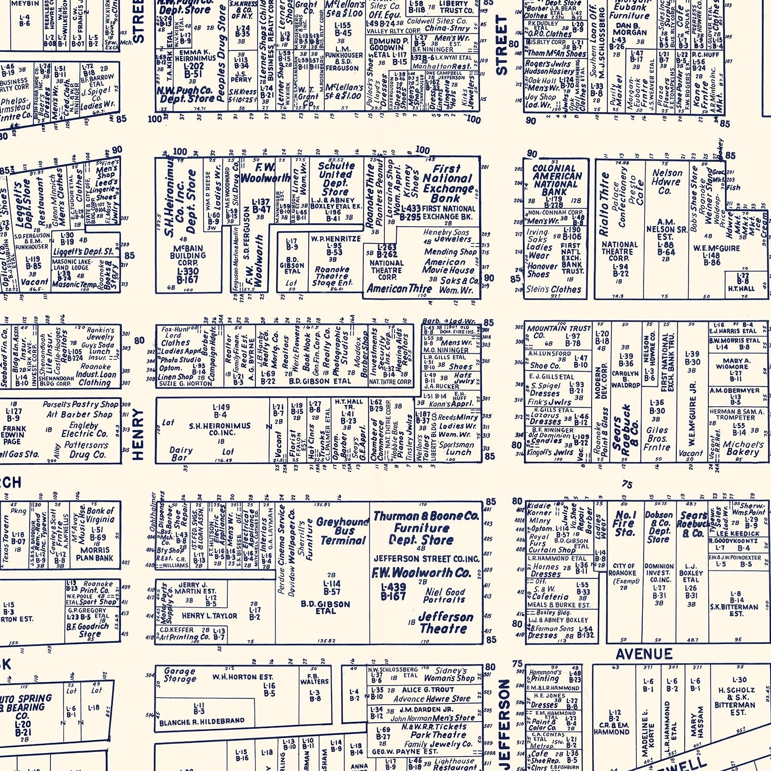 Vintage Map of Roanoke, VA Business Section 1950
