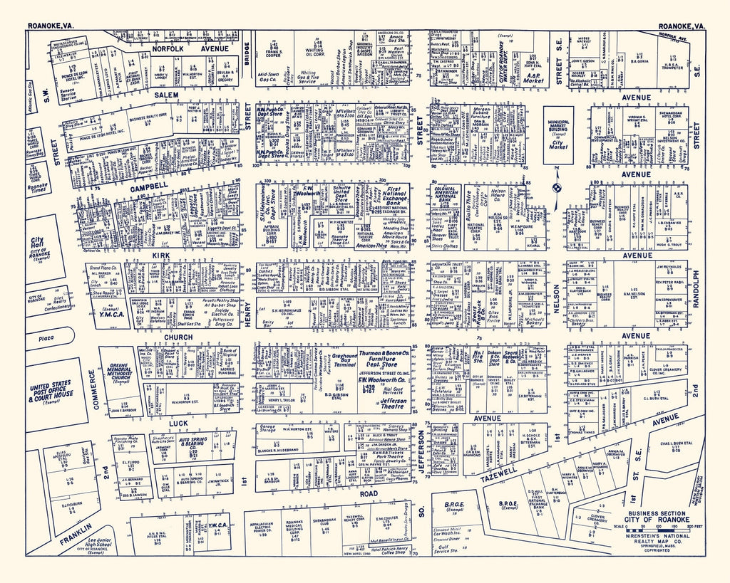 Vintage Map of Roanoke, VA Business Section 1950