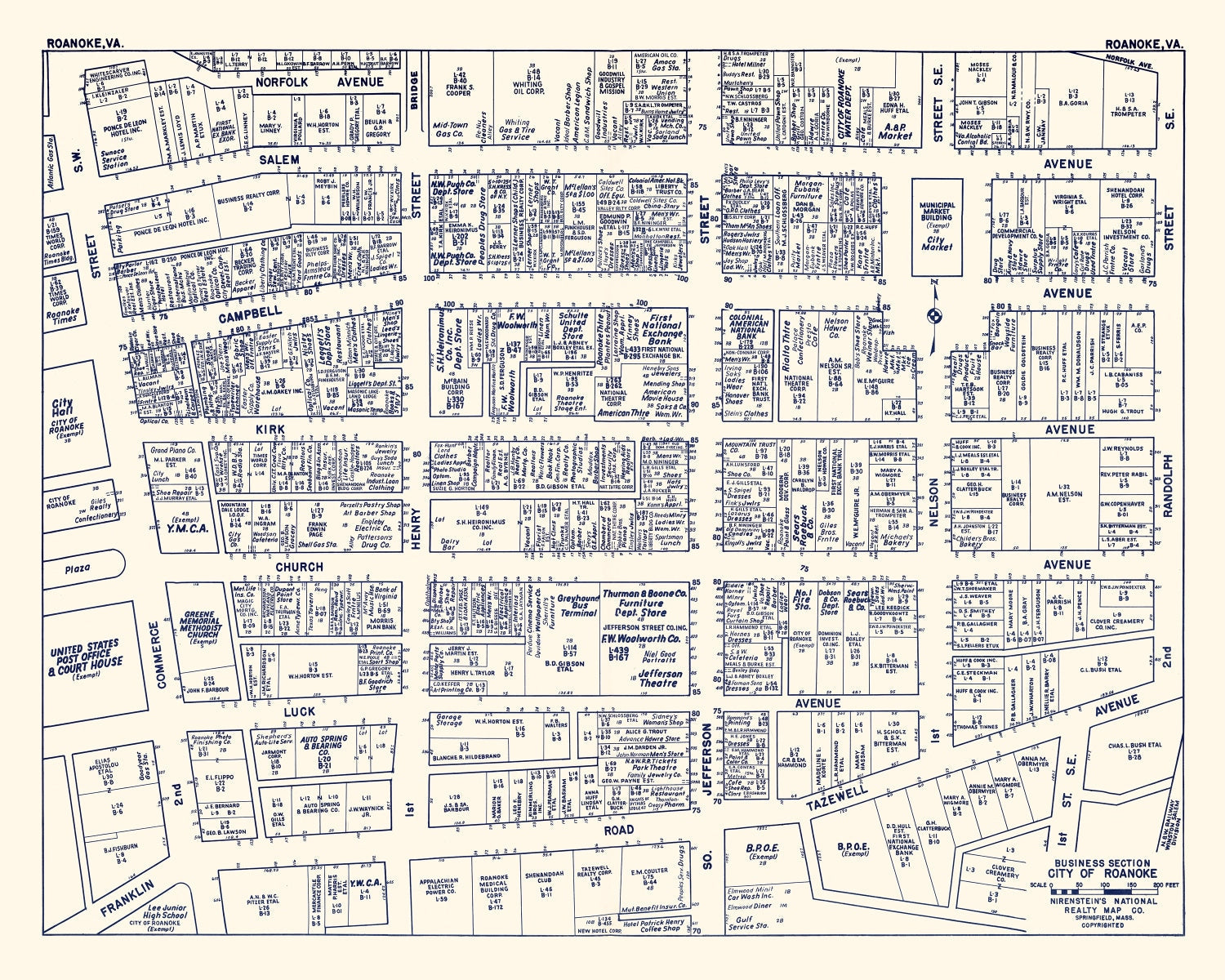 Vintage Map of Roanoke, VA Business Section 1950