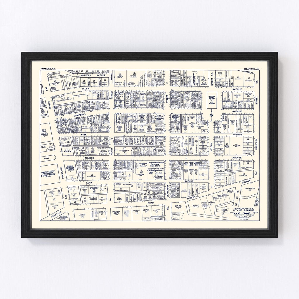 Vintage Map of Roanoke, VA Business Section 1950