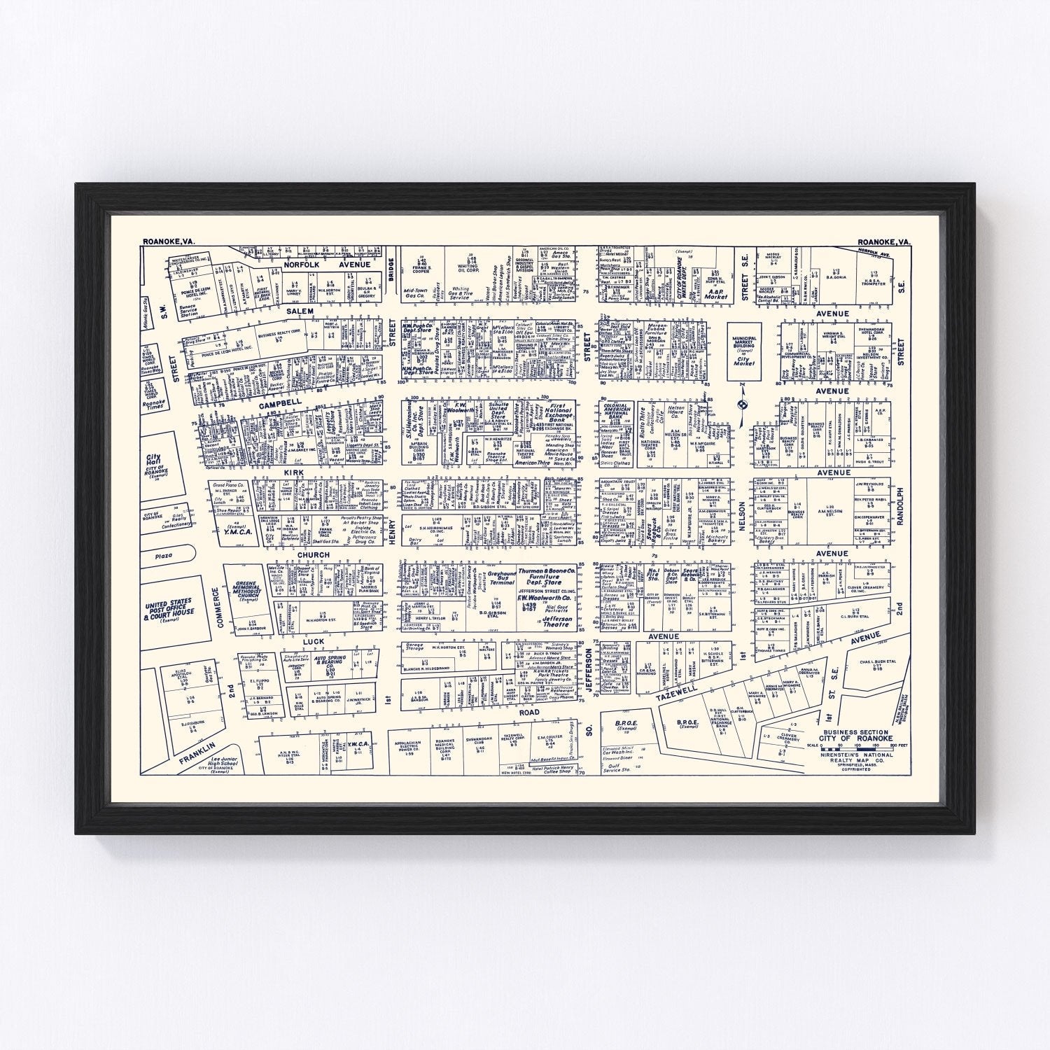 Vintage Map of Roanoke, VA Business Section 1950