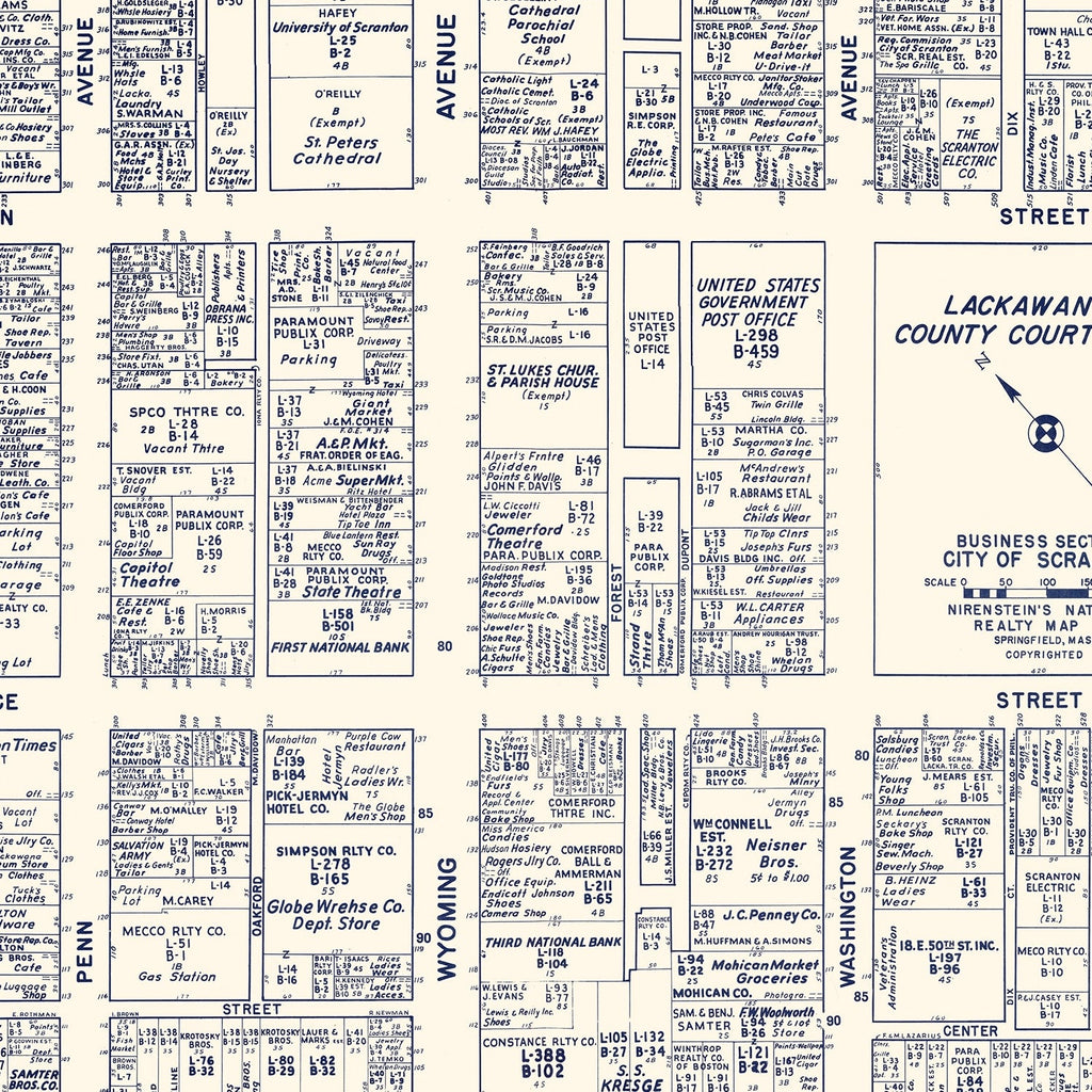 Vintage Map of Scranton, PA Business Section 1950