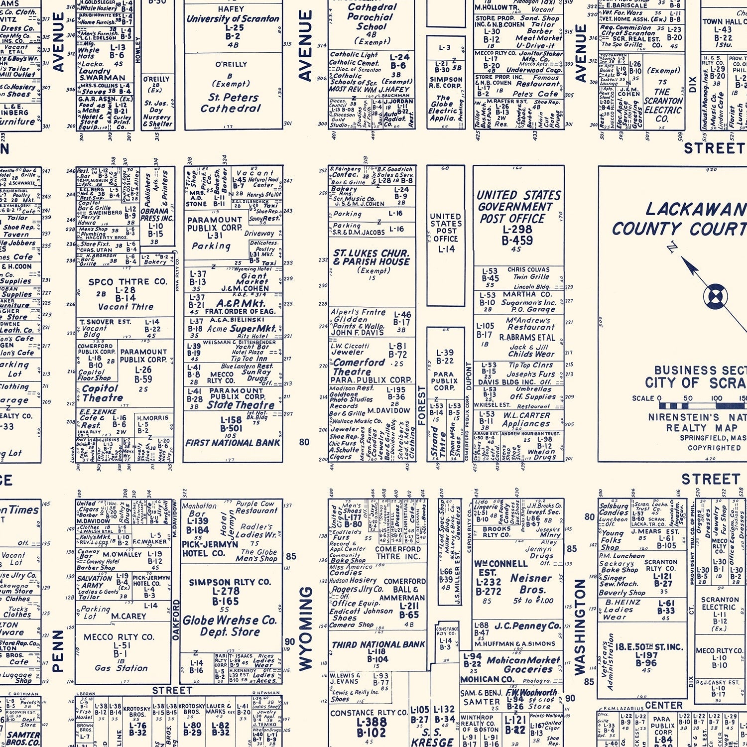 Vintage Map of Scranton, PA Business Section 1950