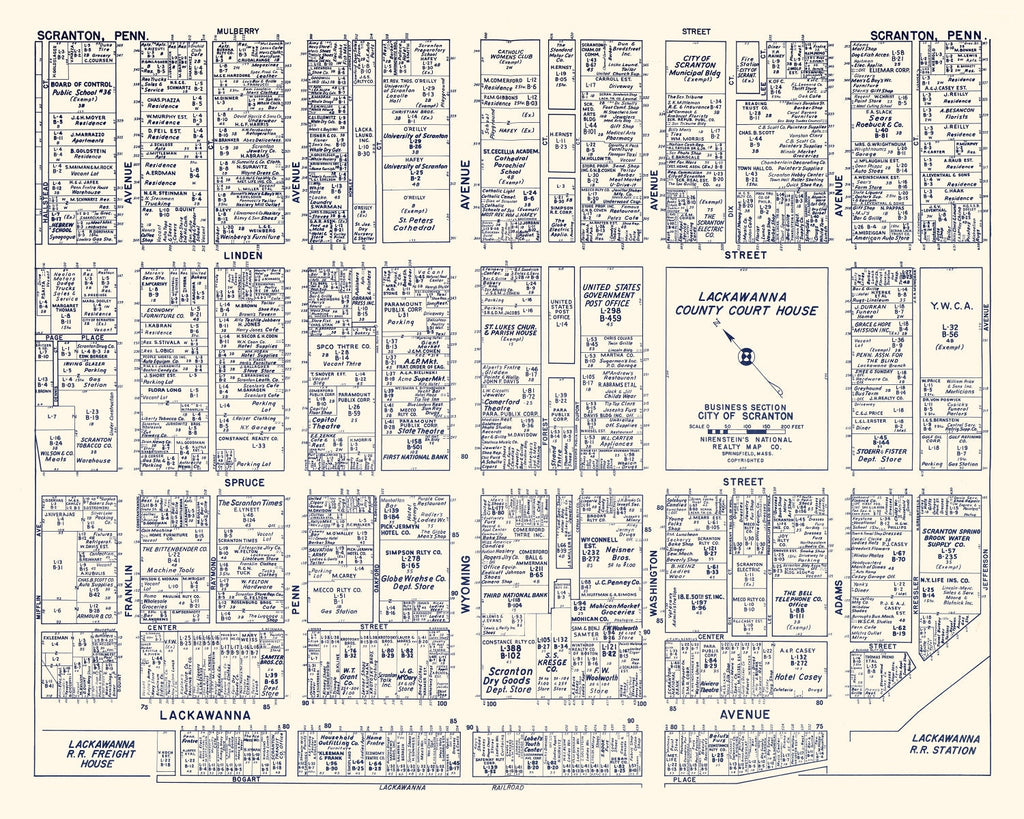 Vintage Map of Scranton, PA Business Section 1950