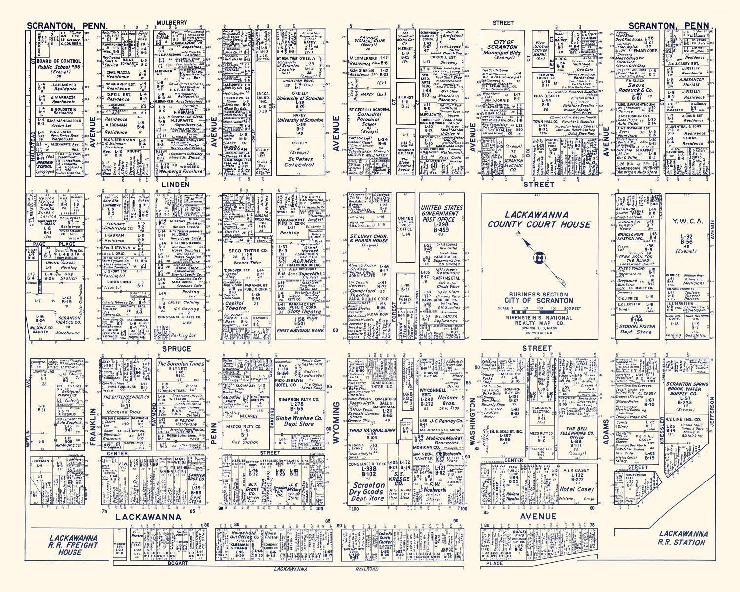 Vintage Map of Scranton, PA Business Section 1950