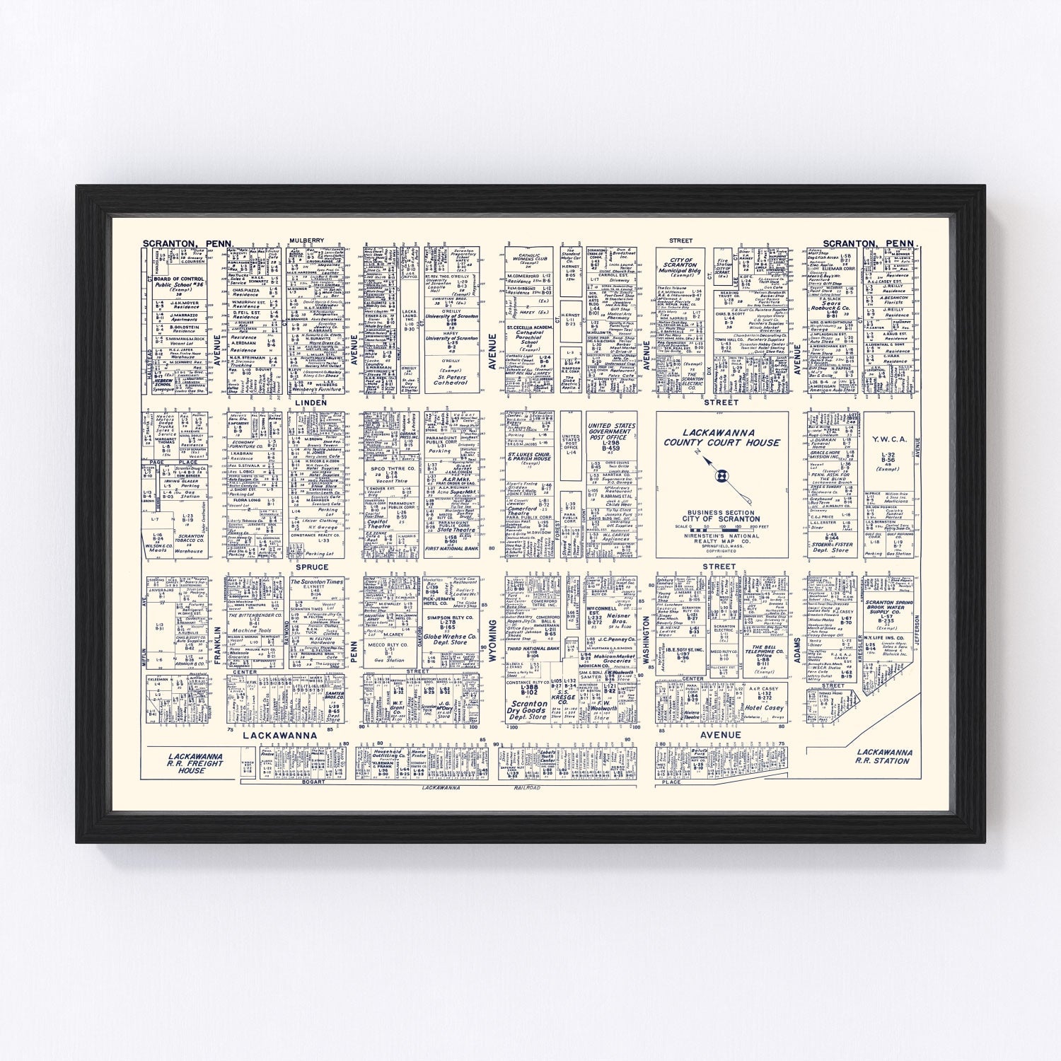 Vintage Map of Scranton, PA Business Section 1950