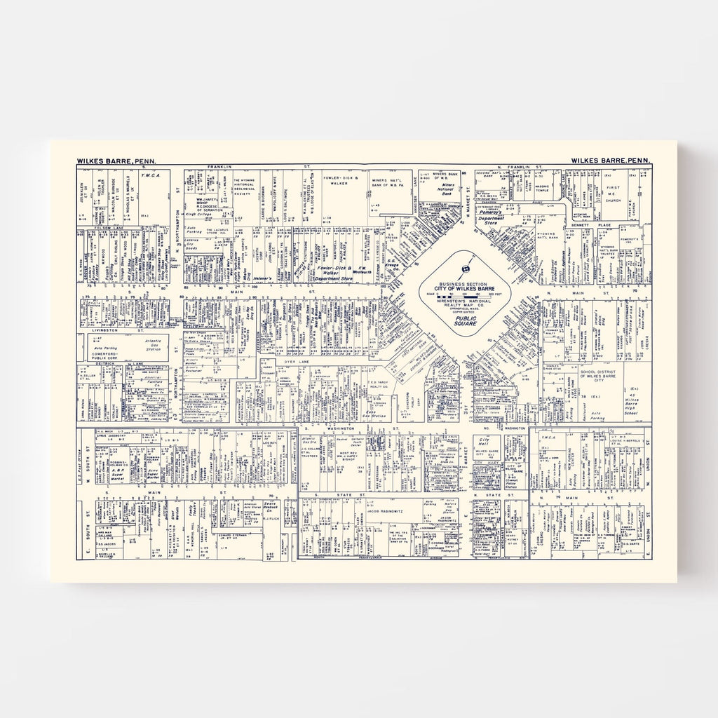 Vintage Map of Wilkes-Barre, PA Business Section 1950