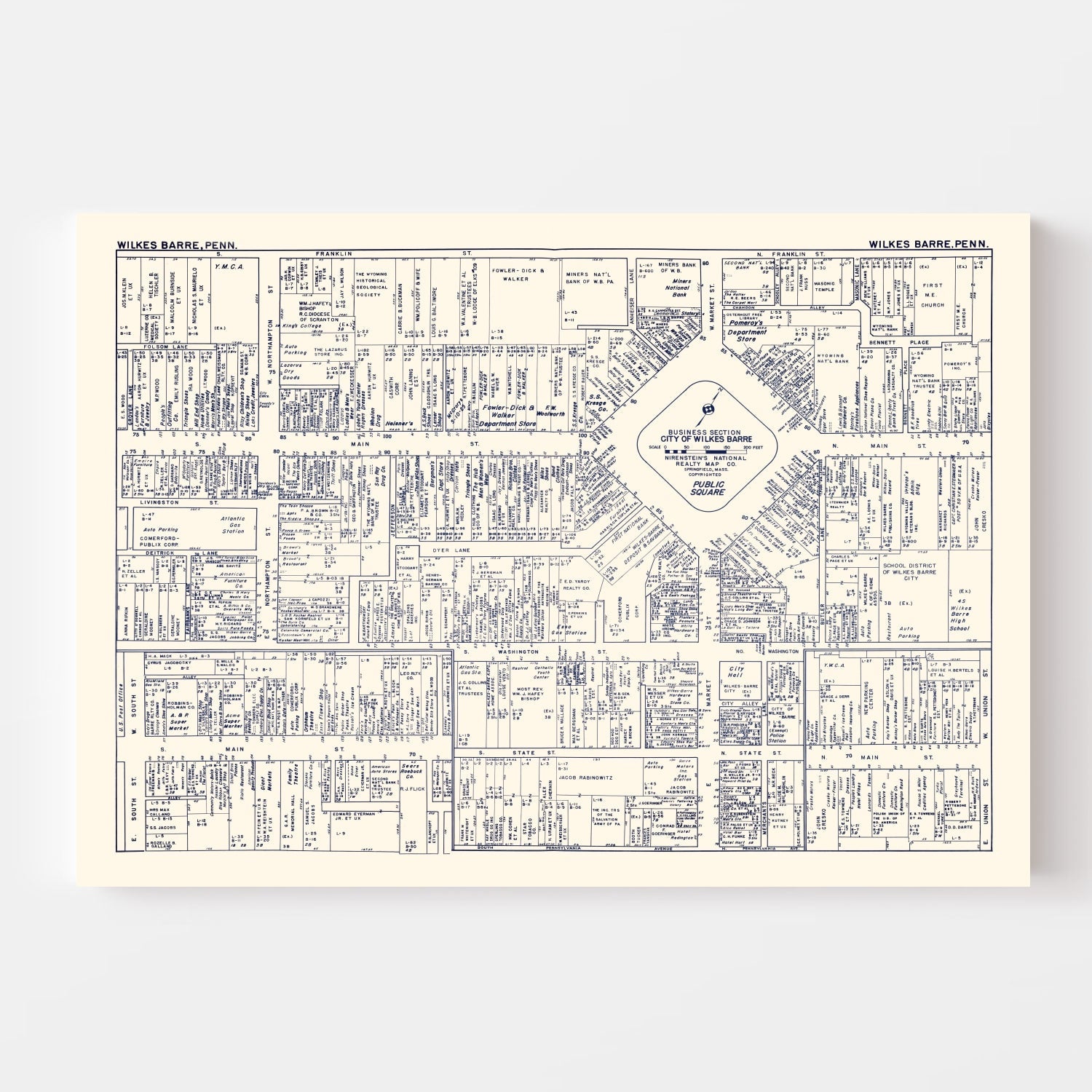 Vintage Map of Wilkes-Barre, PA Business Section 1950