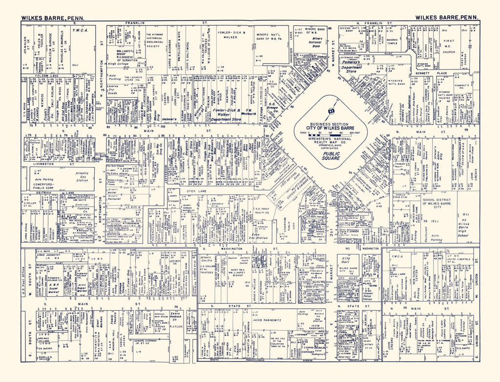 Vintage Map of Wilkes-Barre, PA Business Section 1950