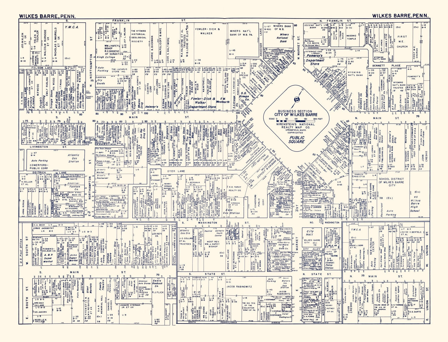 Vintage Map of Wilkes-Barre, PA Business Section 1950