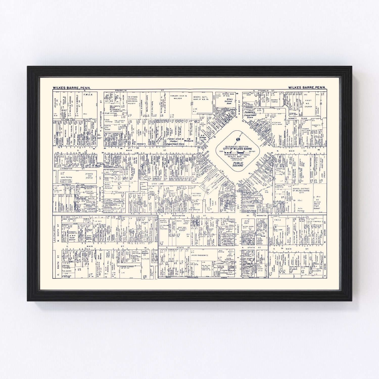 Vintage Map of Wilkes-Barre, PA Business Section 1950