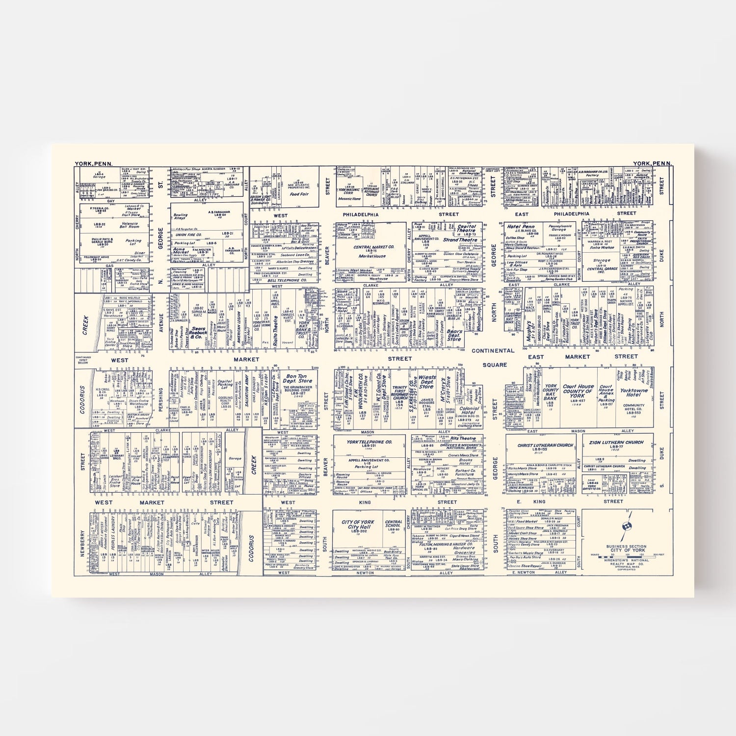 Vintage Map of York, PA Business Section 1950