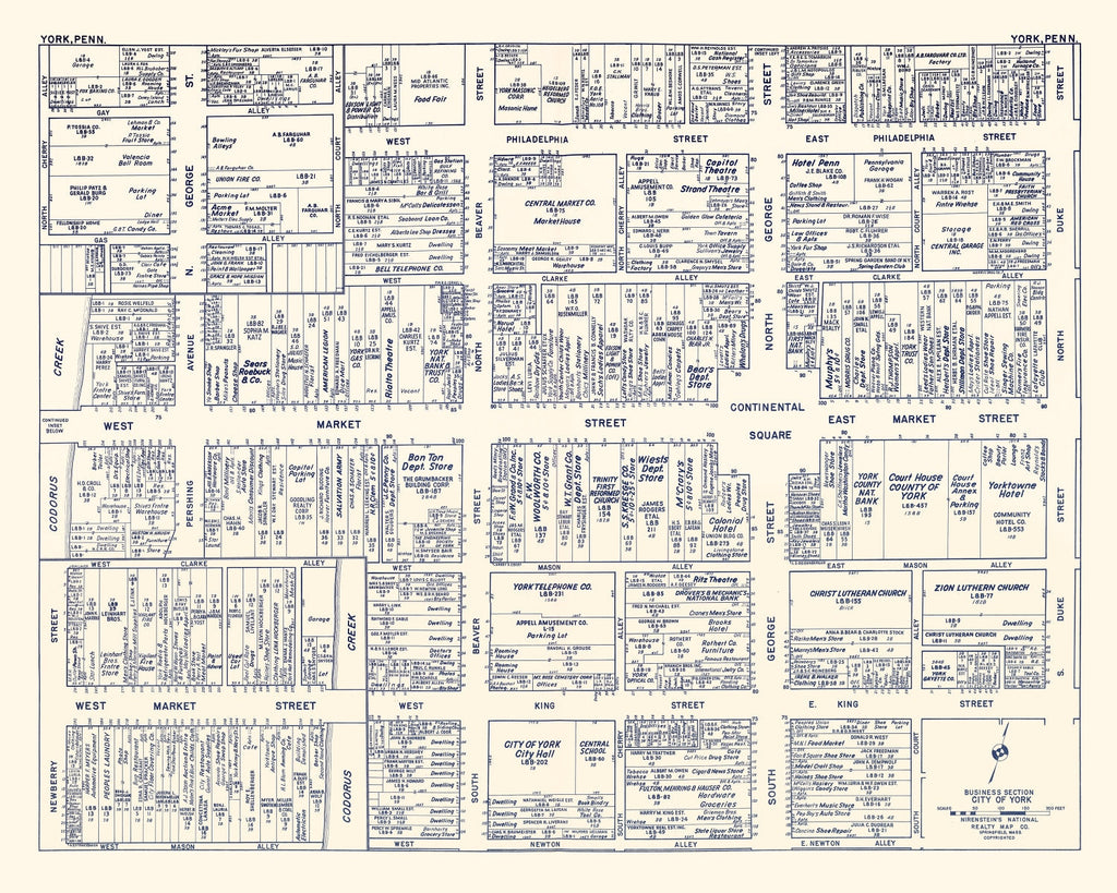 Vintage Map of York, PA Business Section 1950