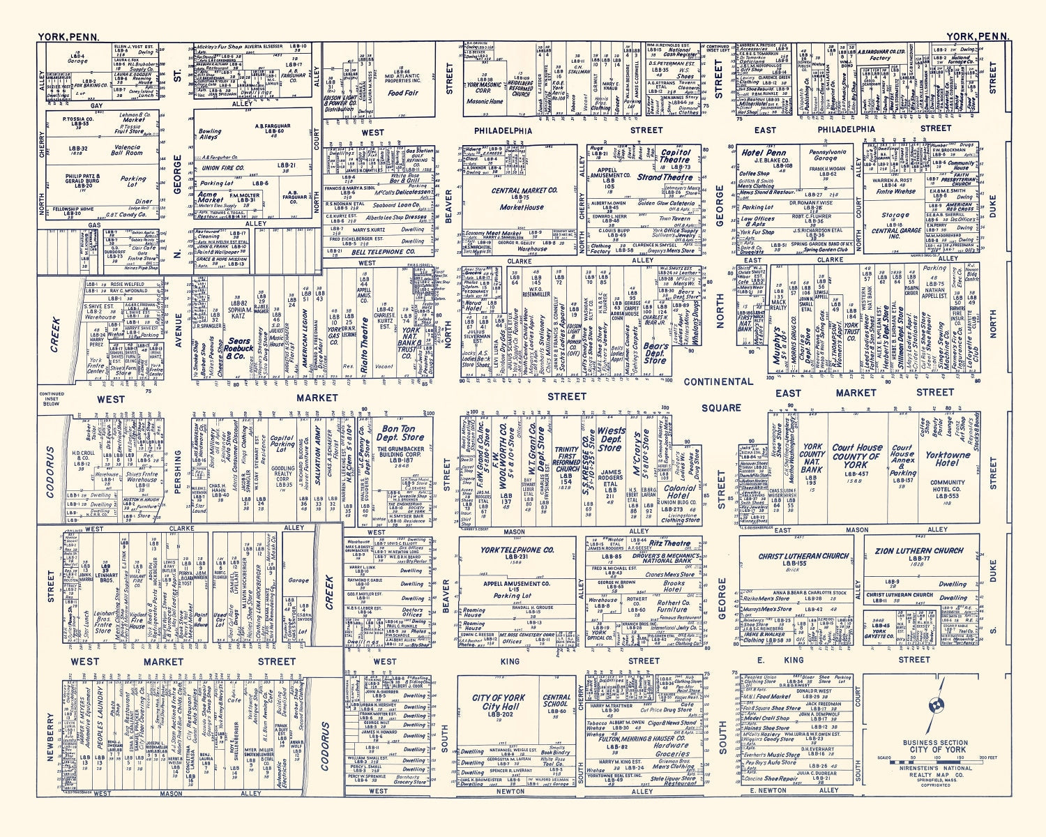Vintage Map of York, PA Business Section 1950