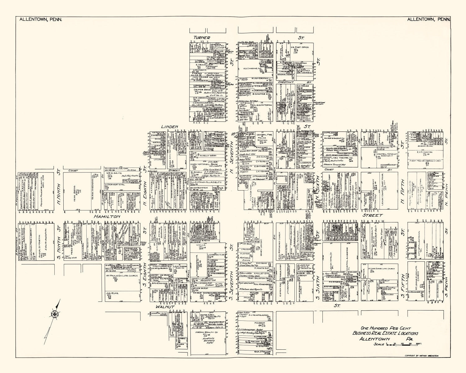 Vintage Map of Allentown, PA Business Section 1929