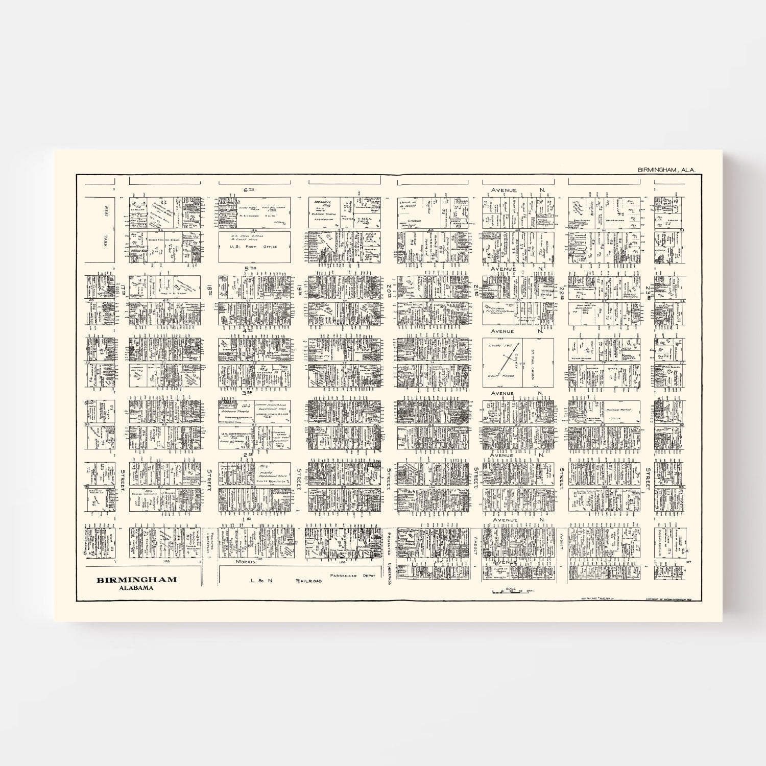 Vintage Map of Birmingham, AL Business Section 1929