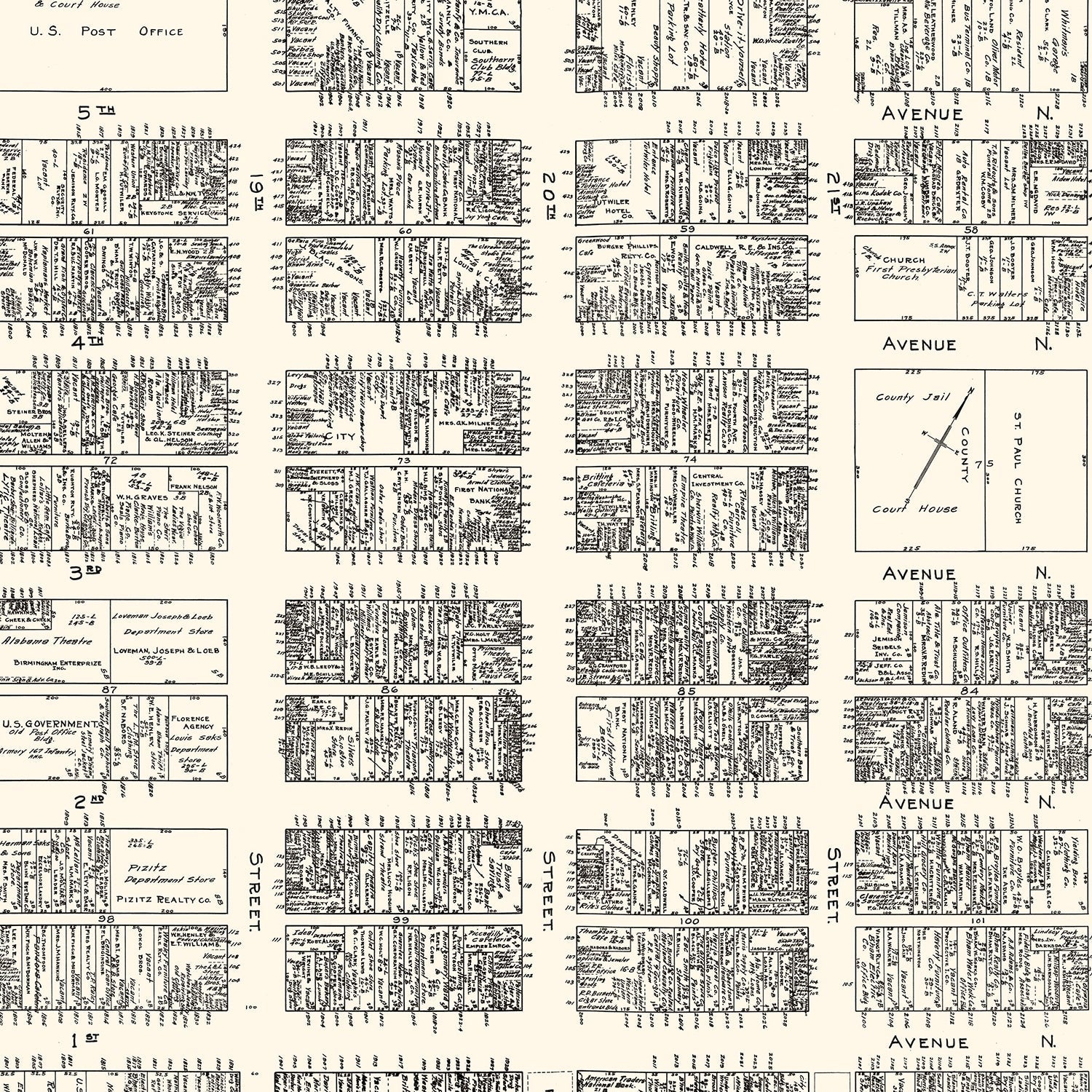 Vintage Map of Birmingham, AL Business Section 1929