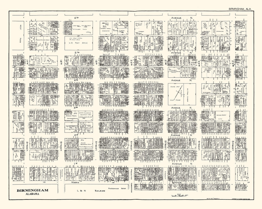 Vintage Map of Birmingham, AL Business Section 1929
