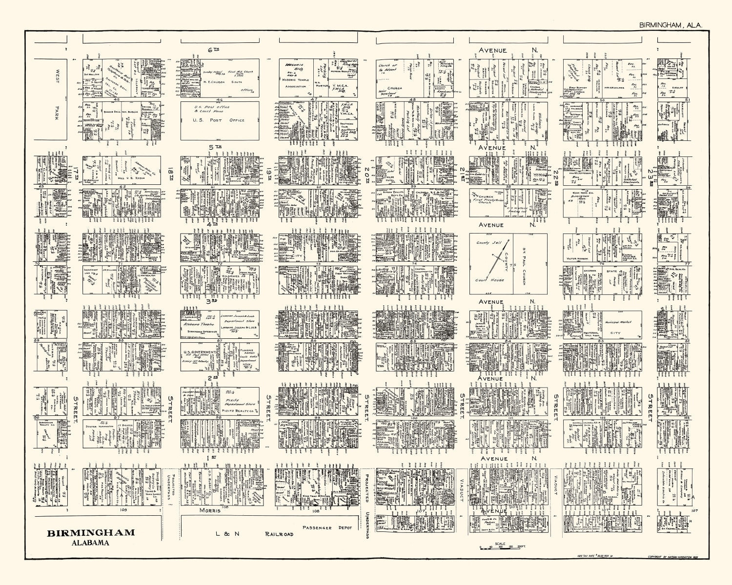 Vintage Map of Birmingham, AL Business Section 1929