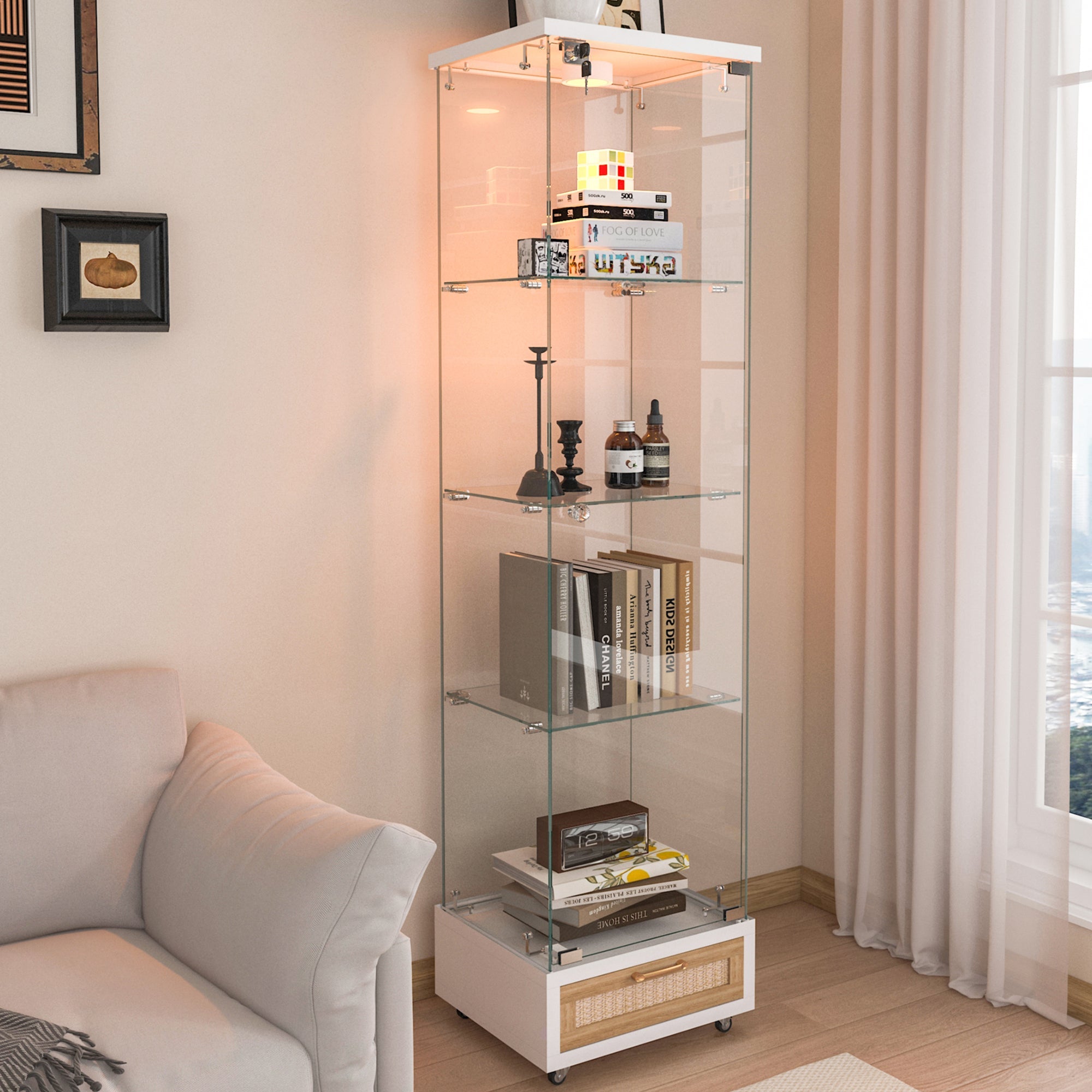 Modern Glass Display Cabinet with Drawer , Quick-assembly Antique Cabinet with LED lights, Tempered Glass Bookshelf,  1-Door Storage Case with 4 Shelves  for Living Room and Bedroom, white and natural