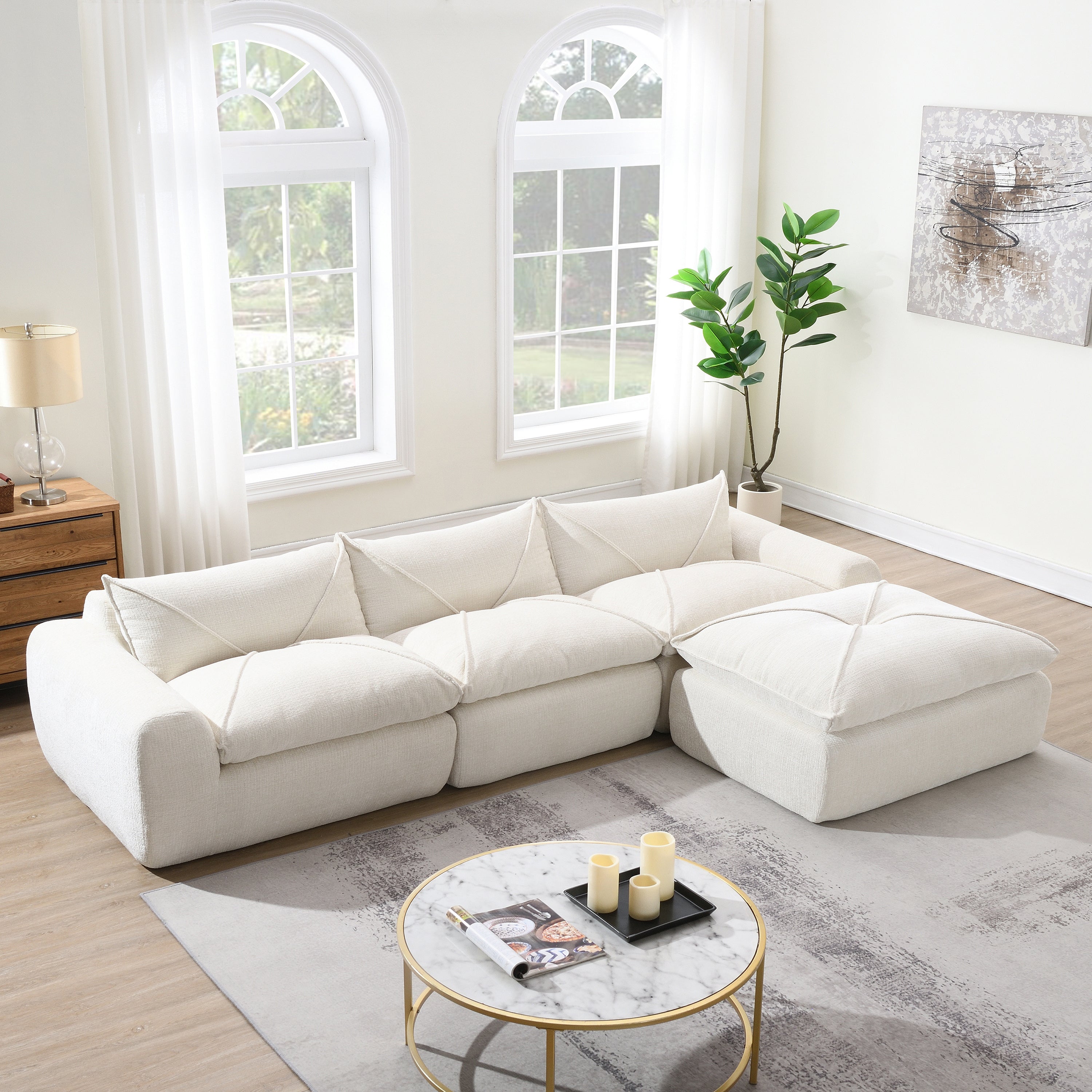 [VIDEO Provided] 116'' Fully Compressed Sofa with High Density Foam, No Assembly Required, Legless Design without Frame, Integrated Backrest and Seat Cushion, Free Combination, Particle Chenille