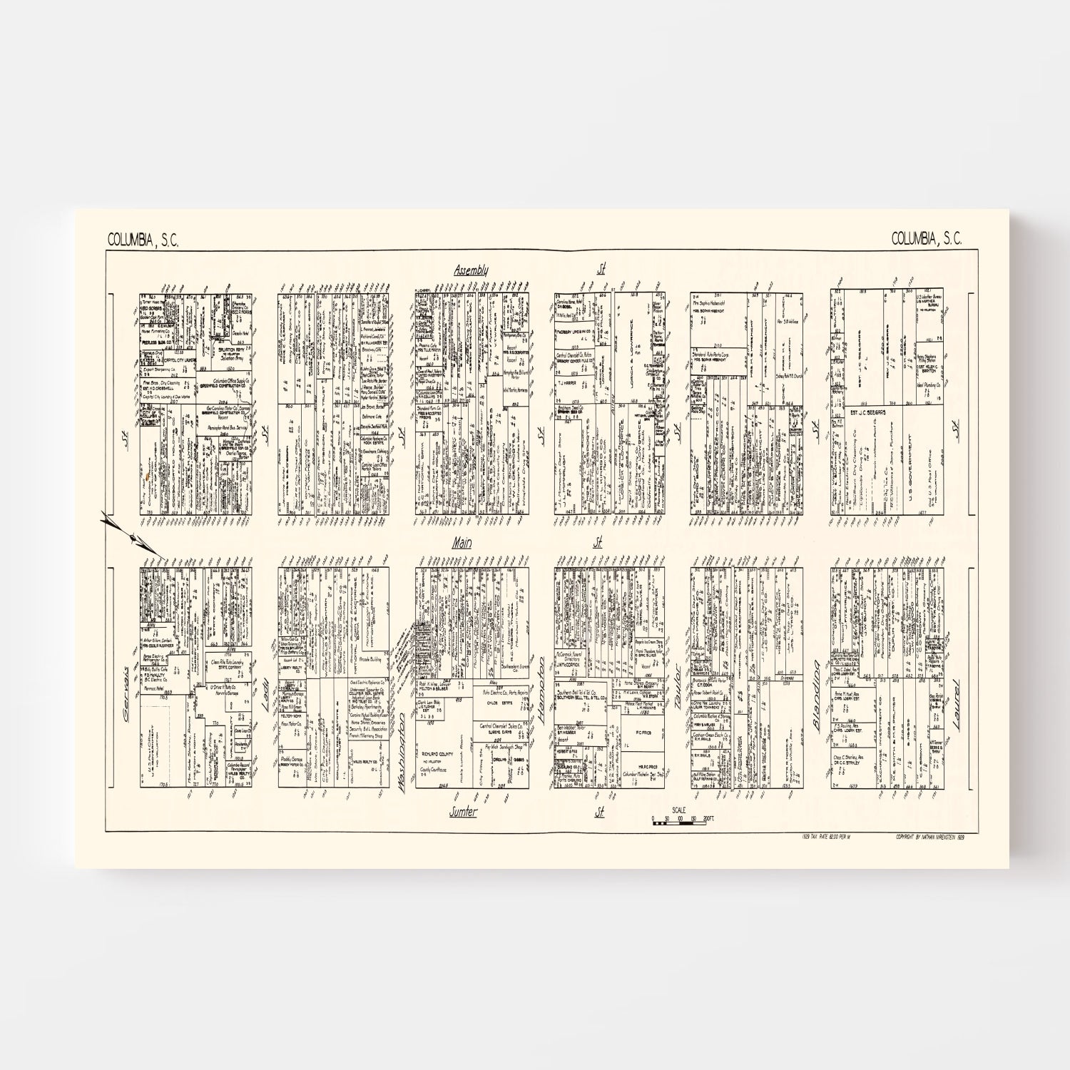 Vintage Map of Columbia, SC Business Section 1929