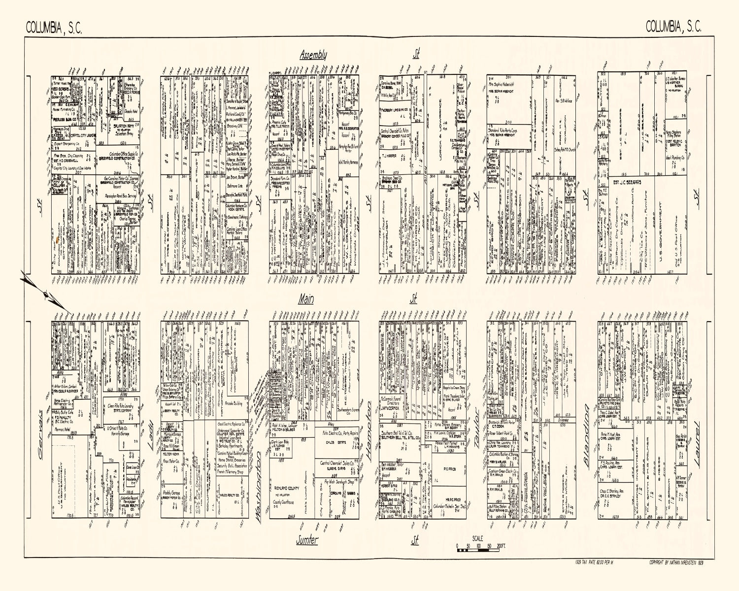 Vintage Map of Columbia, SC Business Section 1929