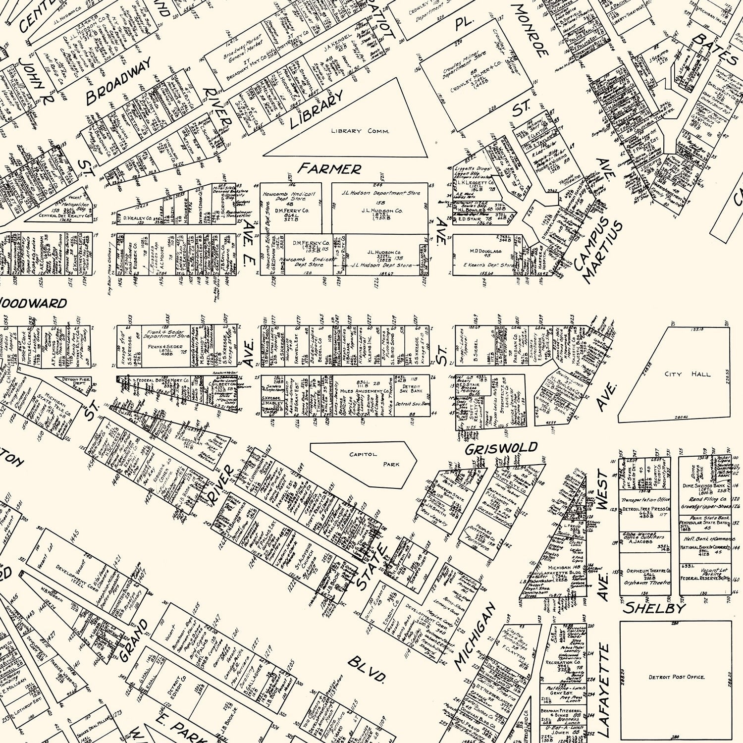Vintage Map of Detroit, MI Business Section 1929