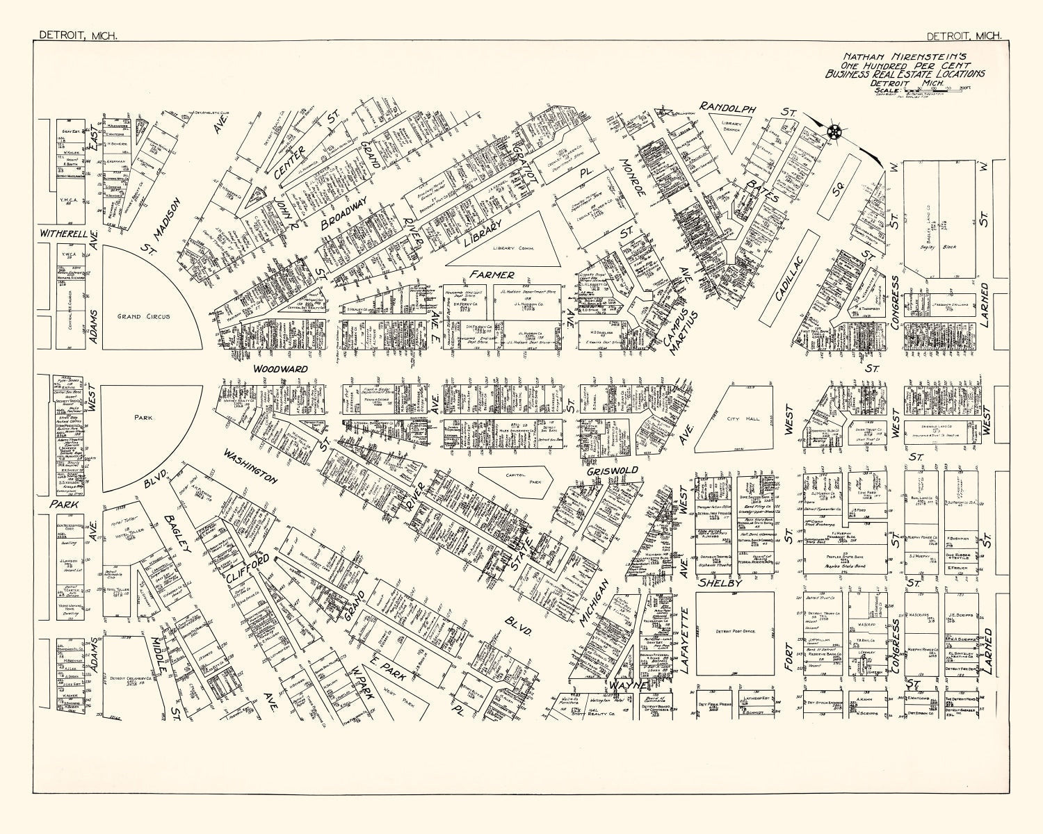 Vintage Map of Detroit, MI Business Section 1929