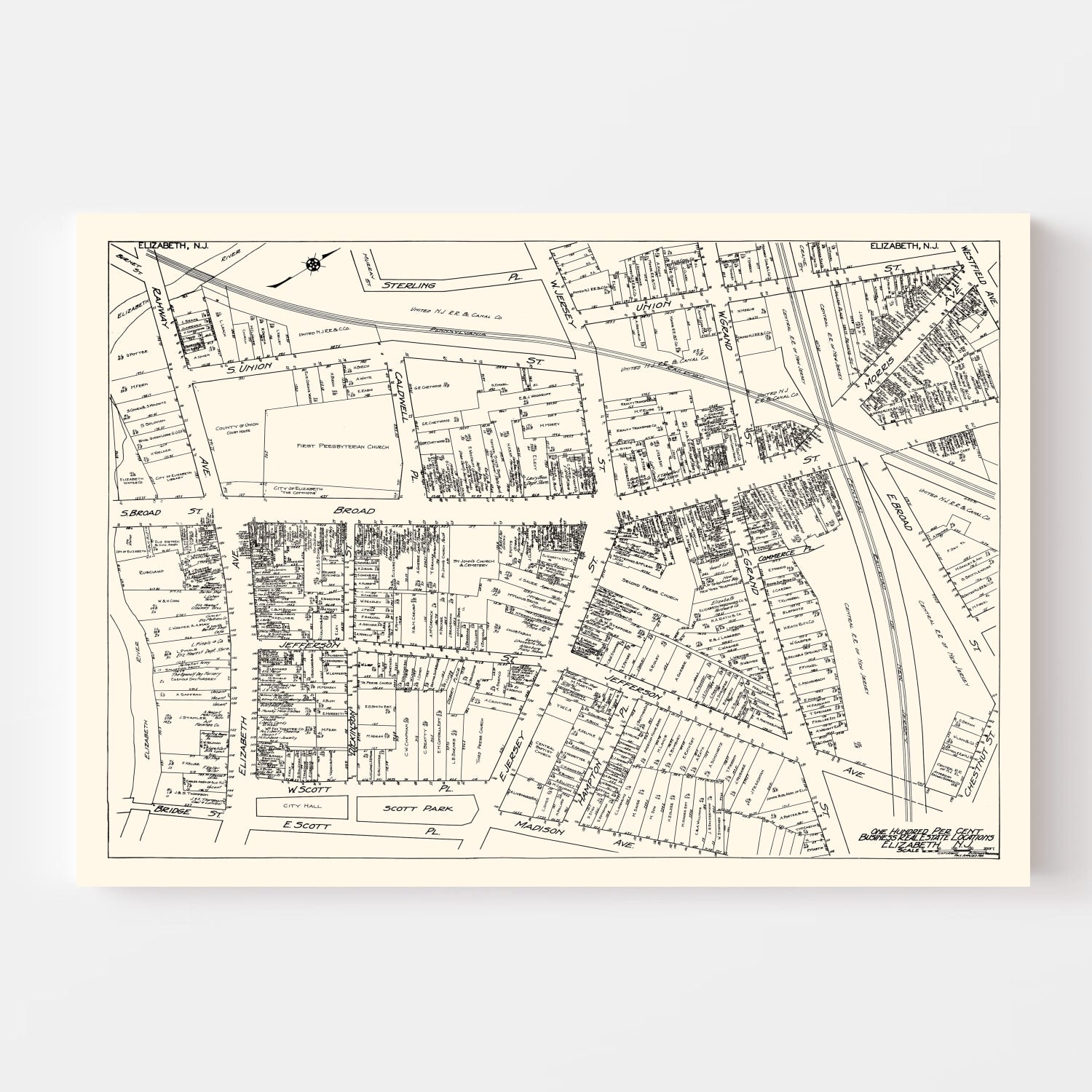 Vintage Map of Elizabeth, NJ Business Section 1929