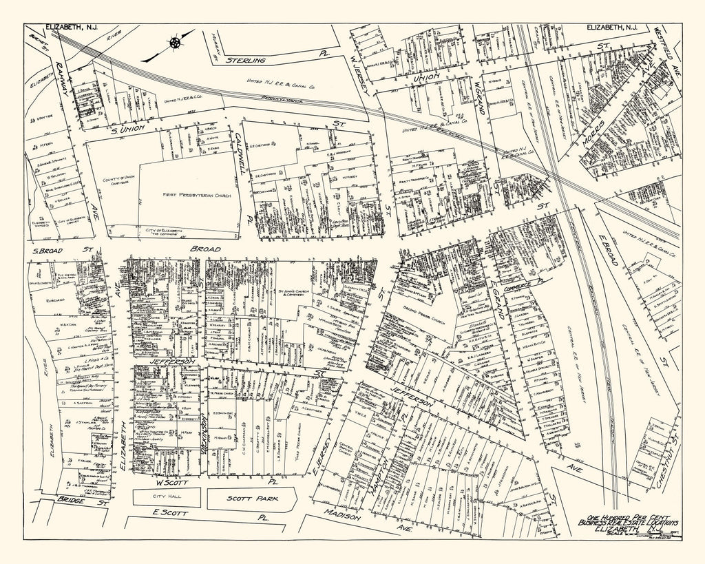 Vintage Map of Elizabeth, NJ Business Section 1929