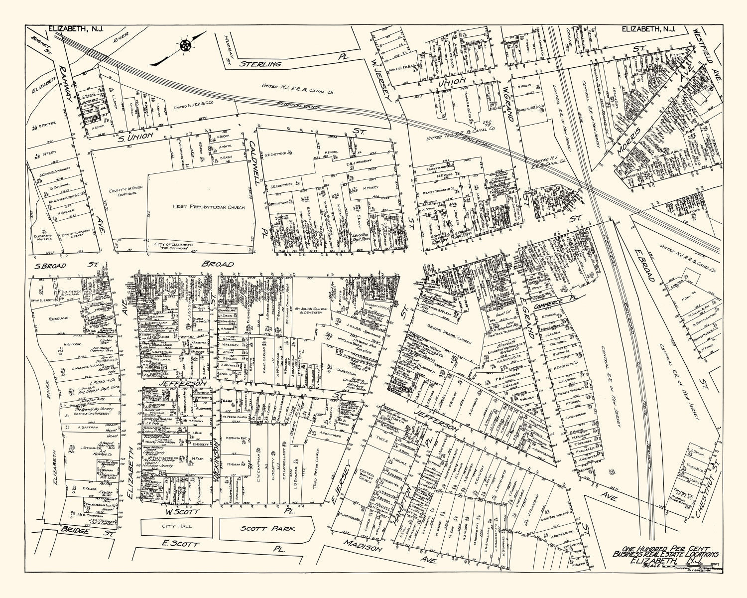 Vintage Map of Elizabeth, NJ Business Section 1929