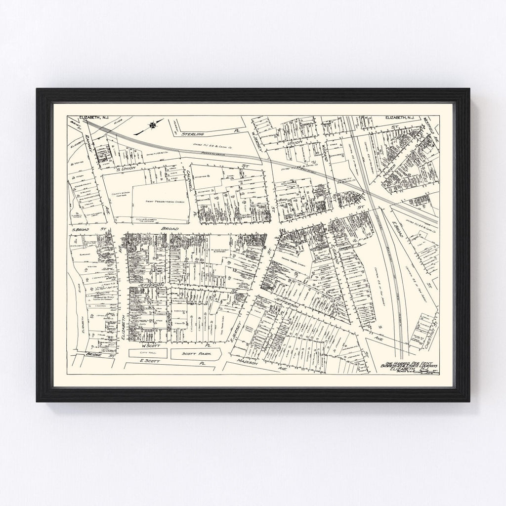 Vintage Map of Elizabeth, NJ Business Section 1929