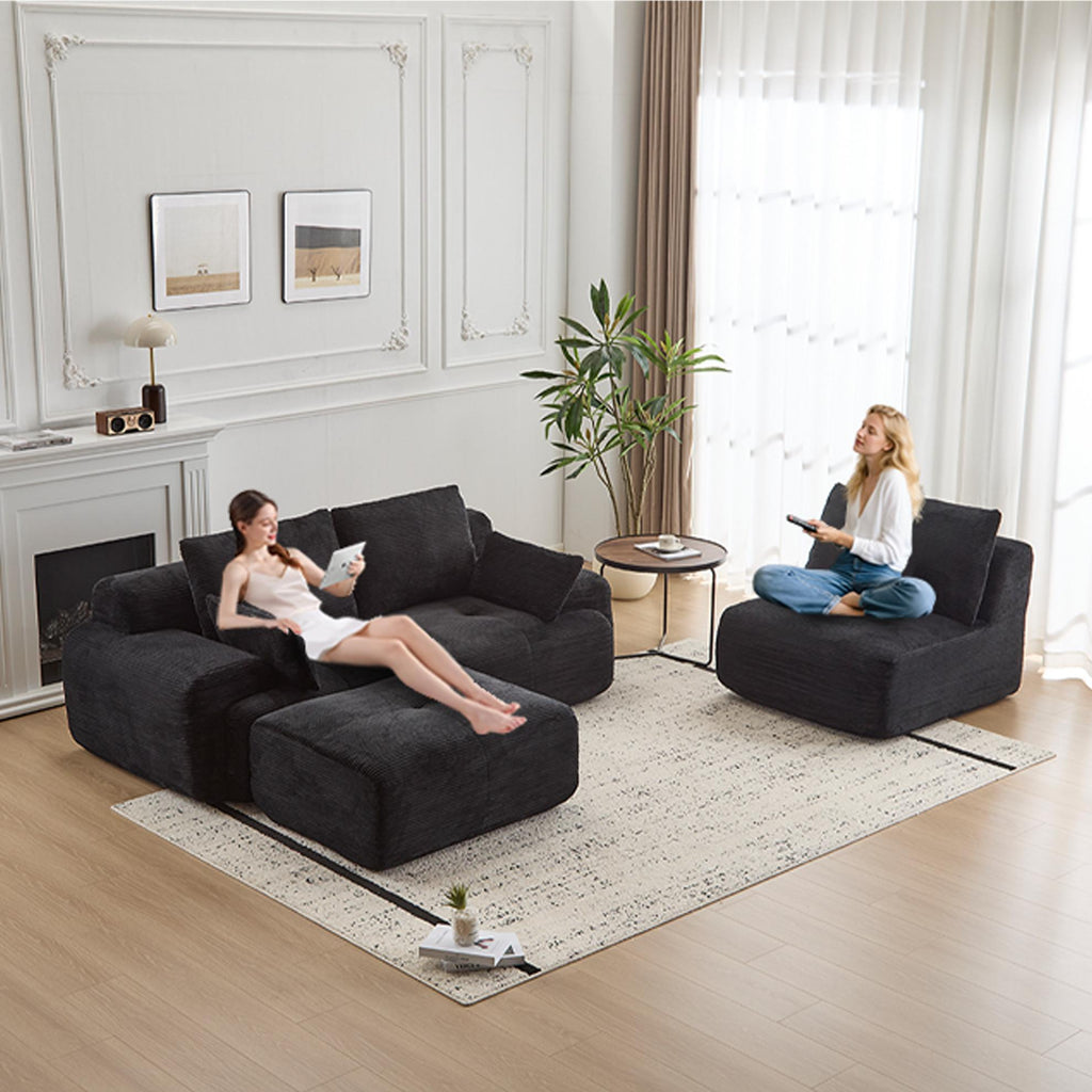 Modern Memory Foam Compressed Sofa,Large Sectional Couches for Living Room,Pet-Friendly Cloud Modular Sectional Sofa,Corduroy Fabric,Extra Deep Loveseat,No assembly required, Black