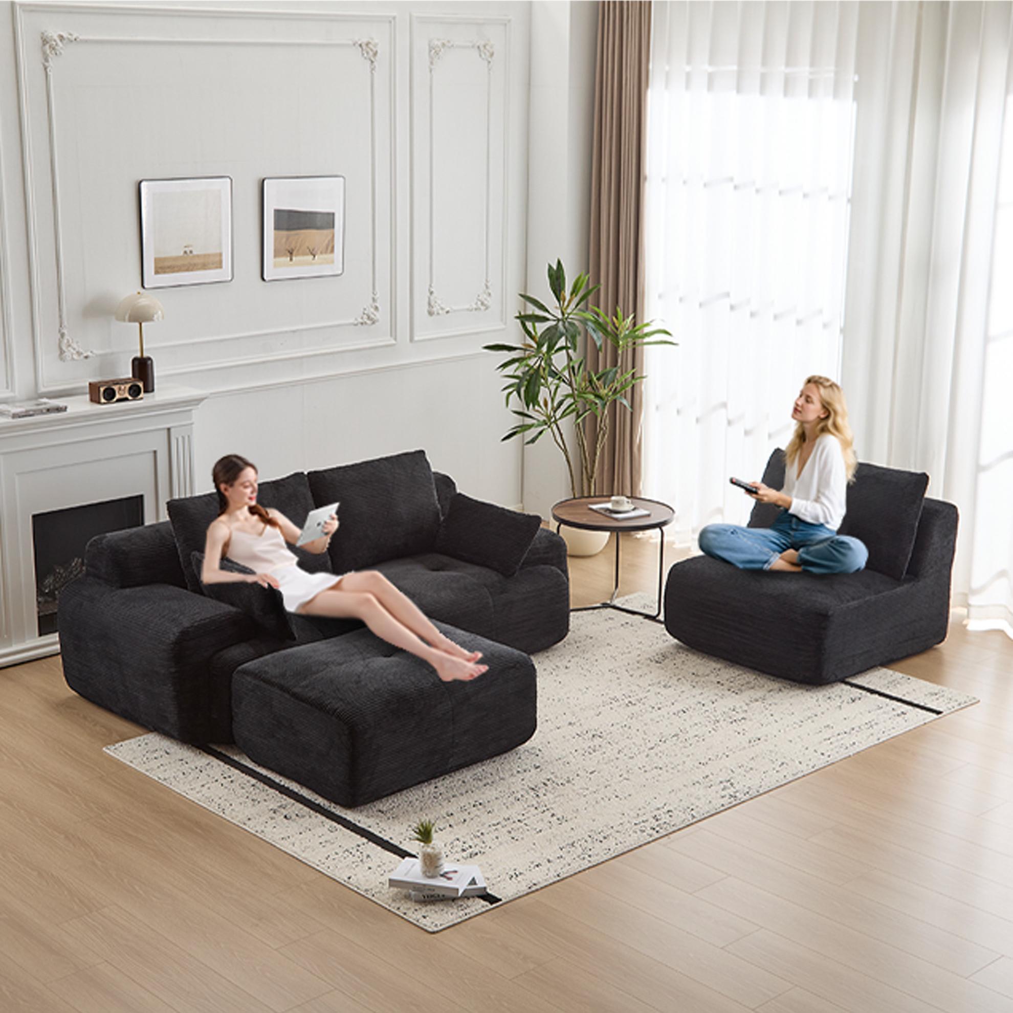 Modern Memory Foam Compressed Sofa,Large Sectional Couches for Living Room,Pet-Friendly Cloud Modular Sectional Sofa,Corduroy Fabric,Extra Deep Loveseat,No assembly required, Black