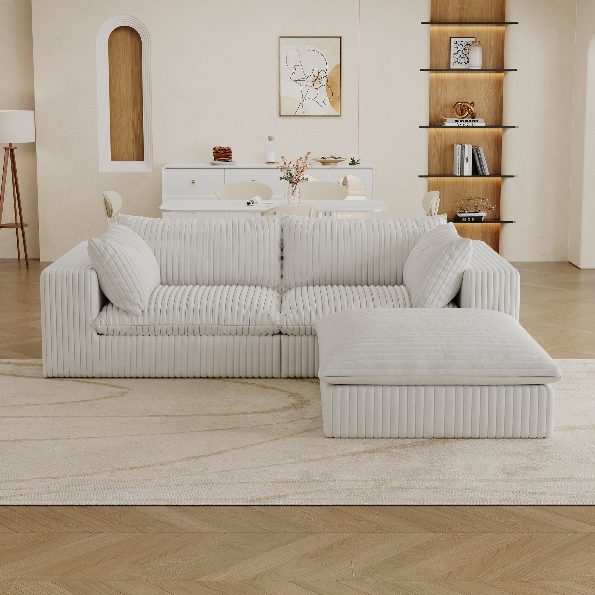 39.8' Cloud Sofa,Corduroy Fabric,Deep Seat Couches,Double-layer design,Removable  Cushion,No Assembly, DIY Combination for Living room, Bedroom,Conference room ,Apartment,White