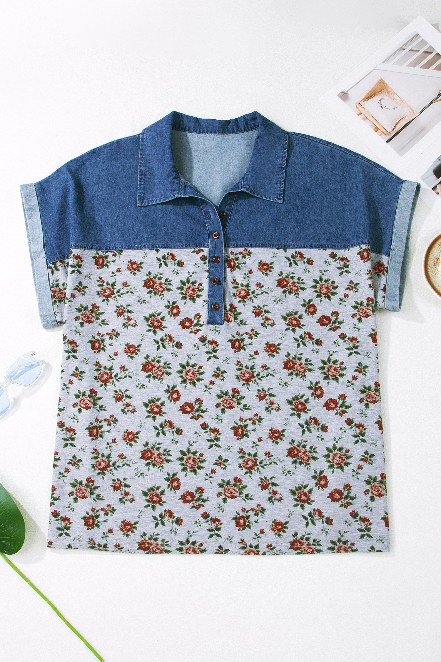Plus Size Floral Denim Patchwork Polo Tee