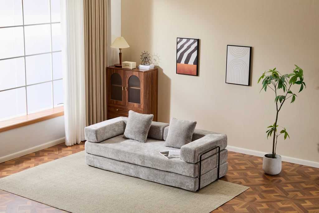 Floor Couch,Compression Sofa,Convertible Floor Sofa Bed-with Pillow Back Support Armrest,Comfy Futon Couch Lounge Sleeper Bed,Chenille fabric,for Living Room Bedroom (LIGHT-GREY)