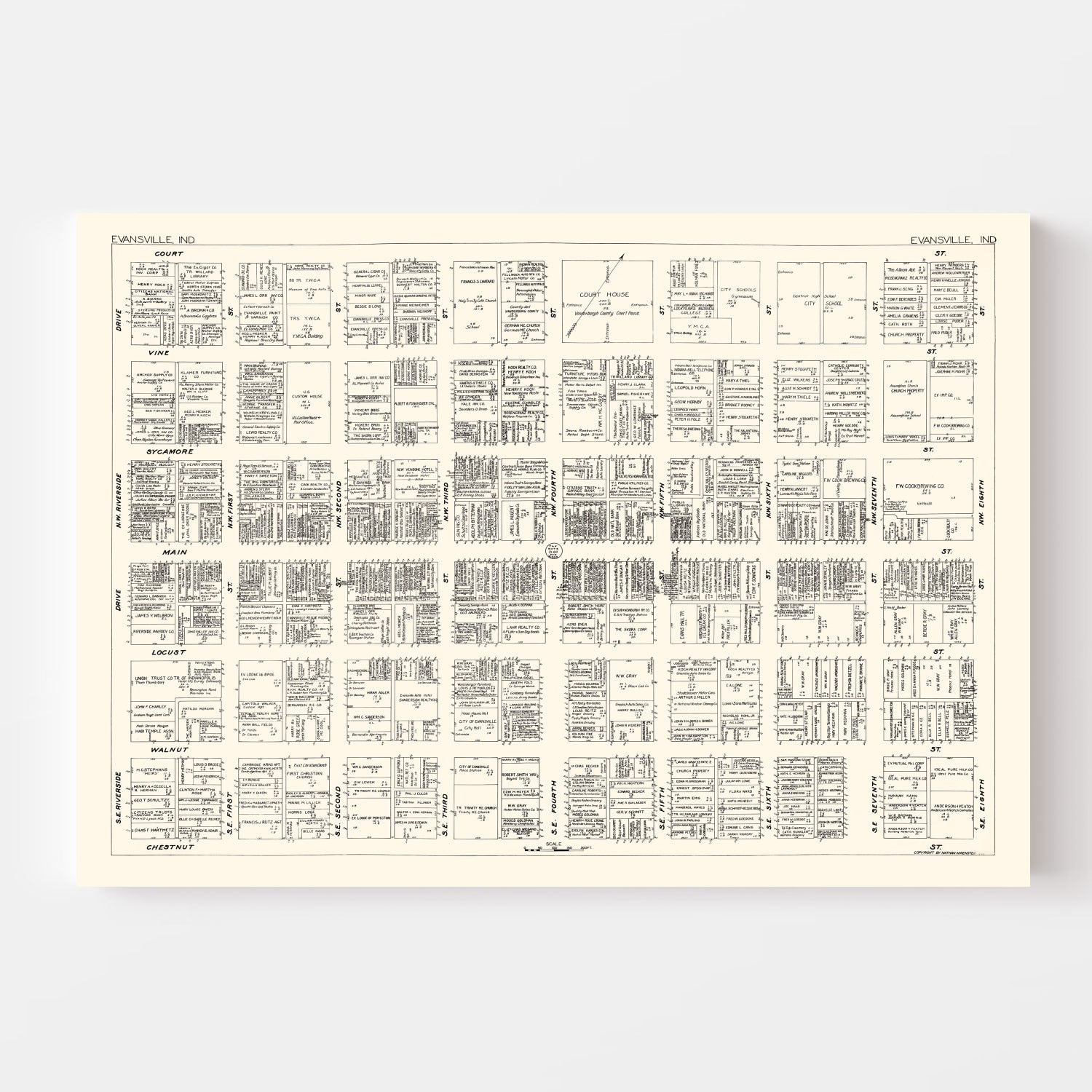 Vintage Map of Evansville, IN Business Section 1929