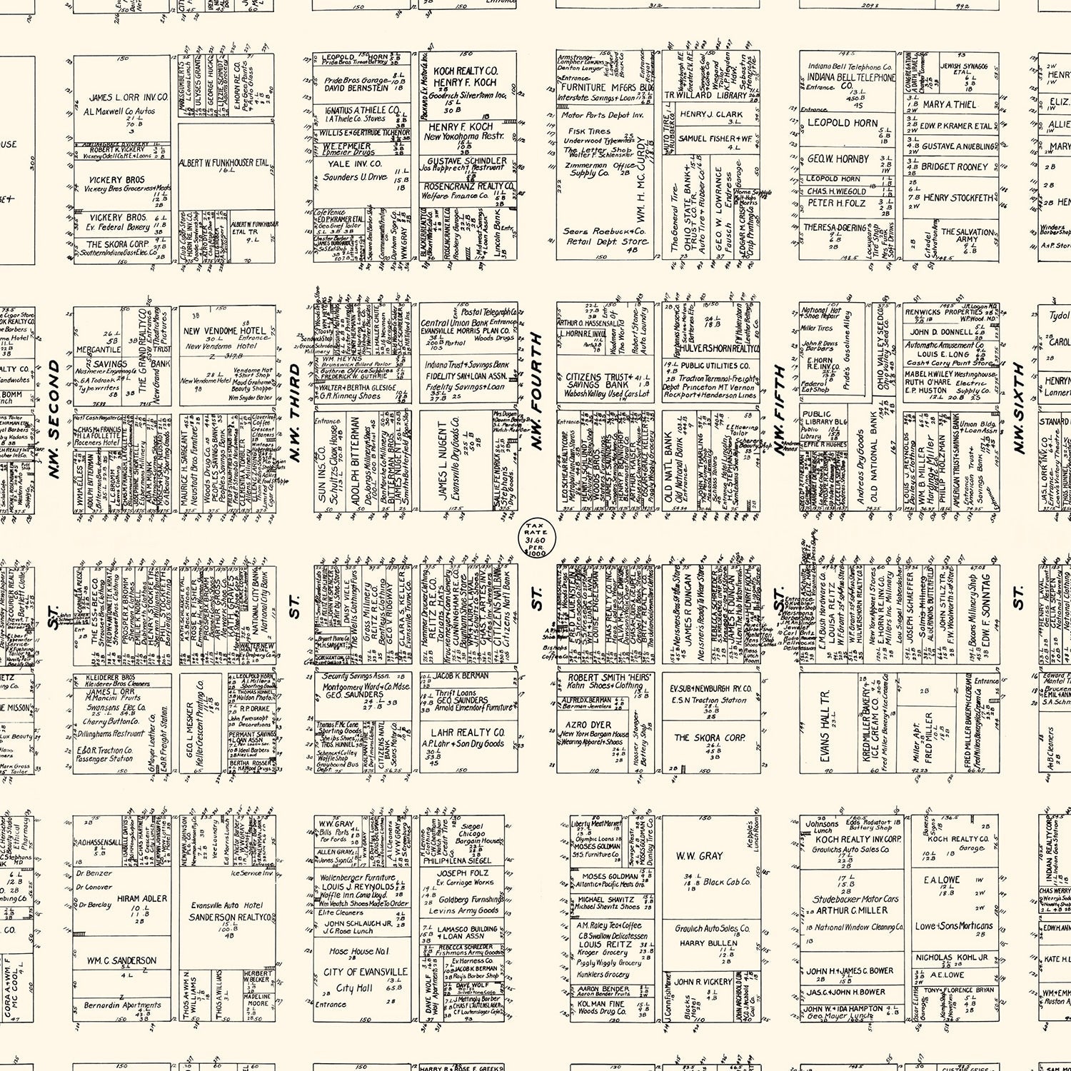Vintage Map of Evansville, IN Business Section 1929
