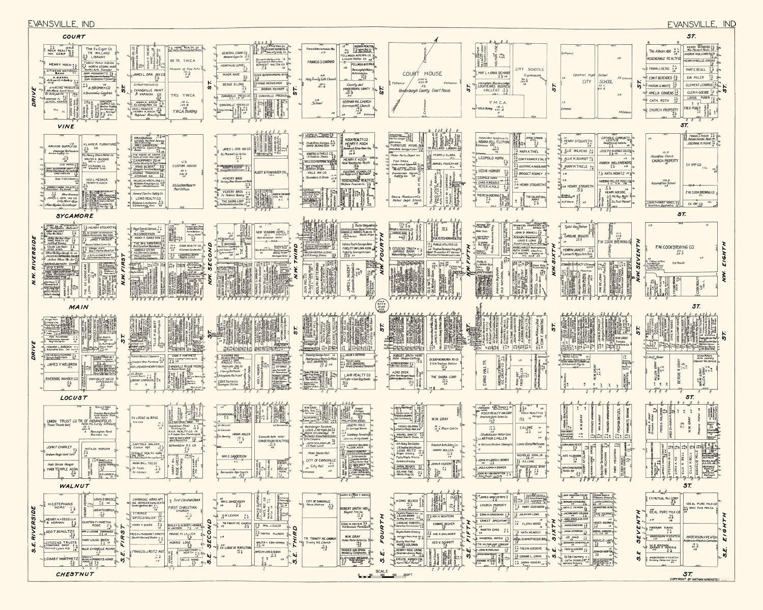 Vintage Map of Evansville, IN Business Section 1929