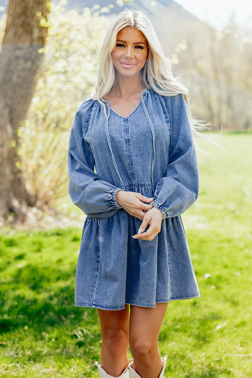 Denim Puff Sleeve Tie V-Neck Ruffle Dress